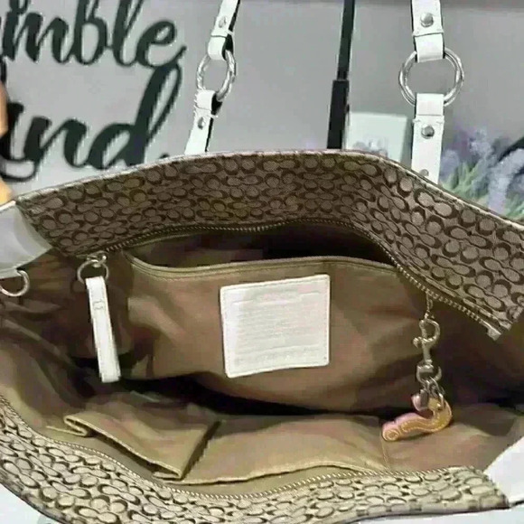 Coach Brown White Jacquard Leather Signature Tote Purse Shoulder Bag - Picture 4 of 10